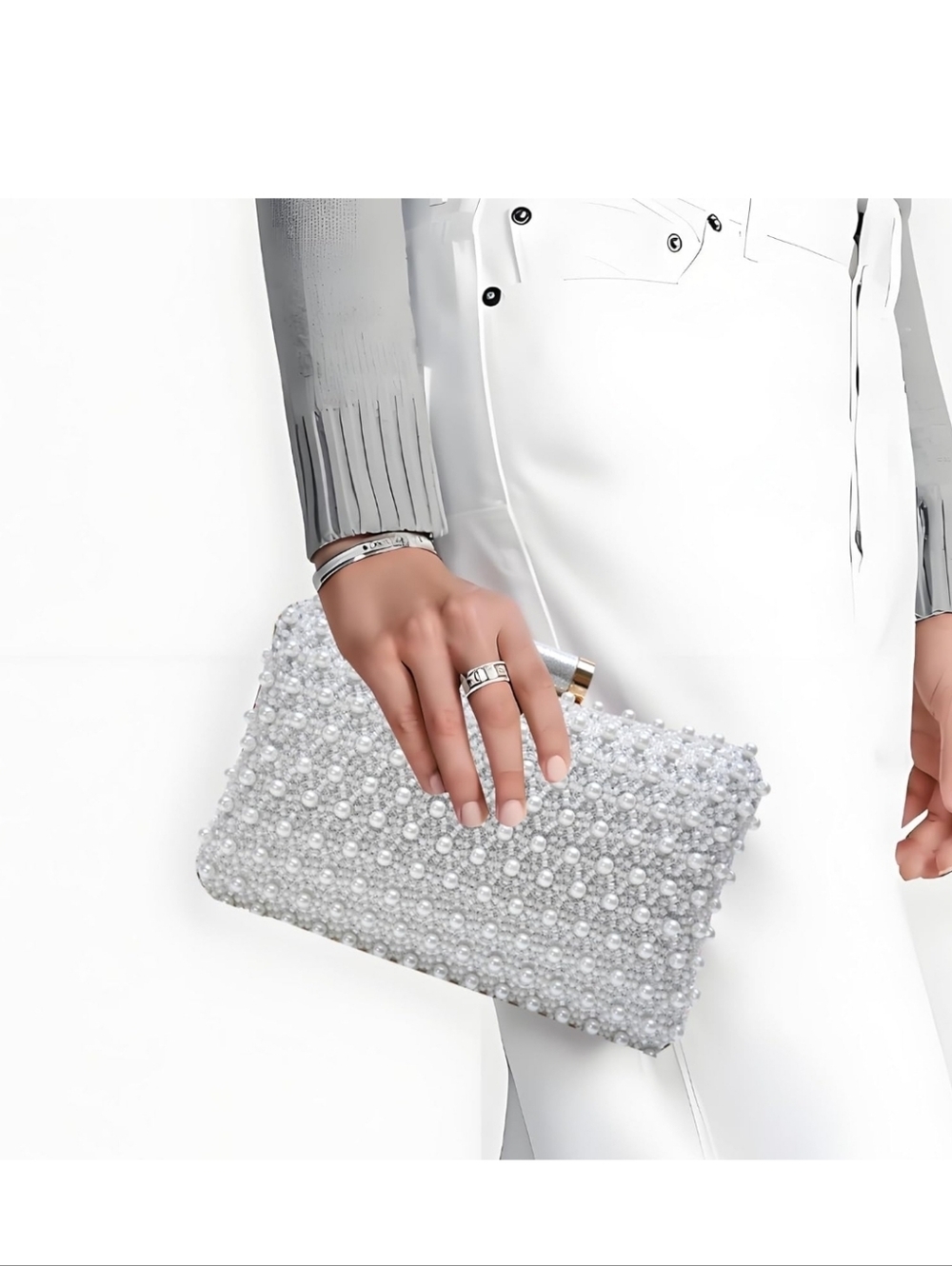 Pearl-Embellished Silver Beaded Clutch/Shoulder Bag